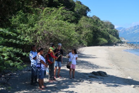 A group of people standing in a shady part of a beach
