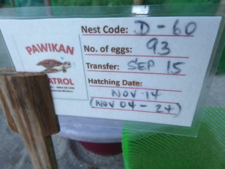The Nest Code Card with number of eggs, transfer date and estimated hatching period