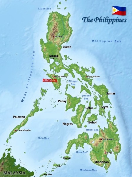 A topographic map of the Philippines featuring the location of Mindoro